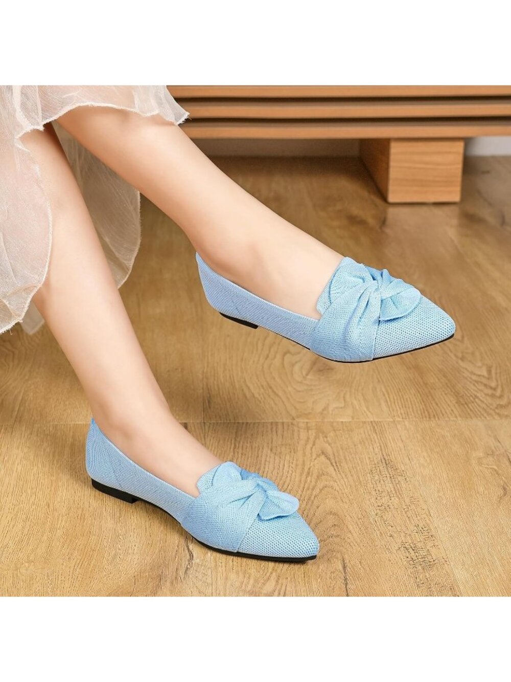 Women's Light Blue Pointed Toe Bow Comfortable Knit Pull On Dressy Ballet Flats - Picture 7 of 7
